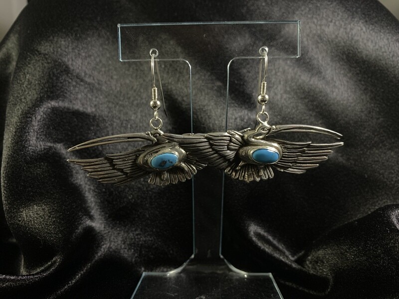 Sterling Silver and Sleeping Beauty Turquoise Aztec Pelican Earrings (SO)