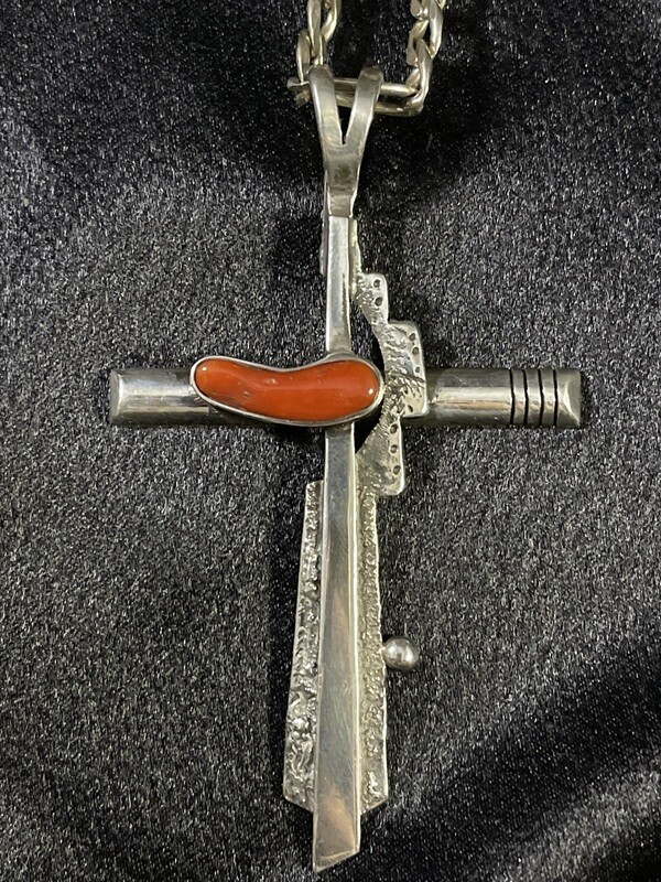 Contemporary Sterling Silver and Coral Cross