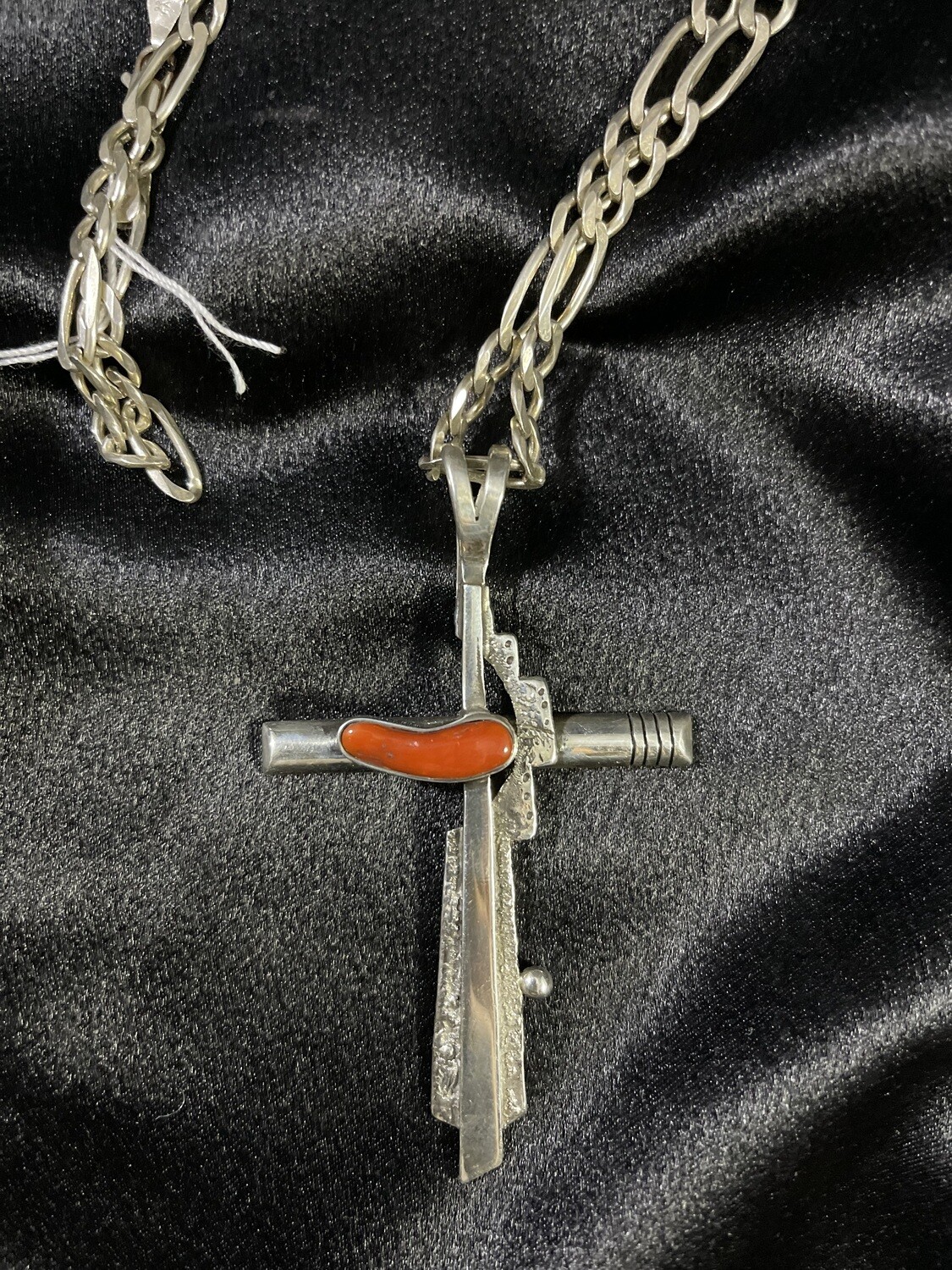 Contemporary Sterling Silver and Coral Cross
