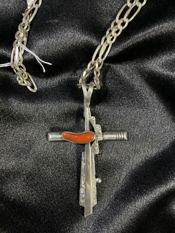 Contemporary Sterling Silver and Coral Cross
