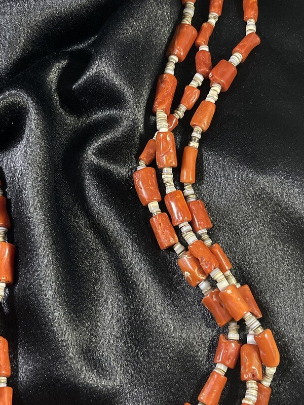 3 Strand Chunky Coral and Cowrie Shell Heishi Necklace