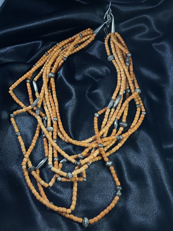 Natural Orange 8 Strand Coral Necklace with Sterling Silver Beads