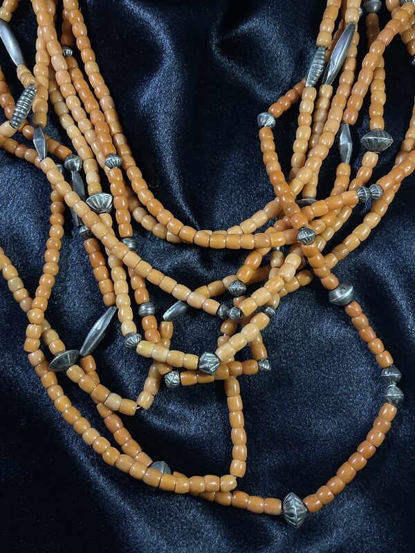 Natural Orange 8 Strand Coral Necklace with Sterling Silver Beads