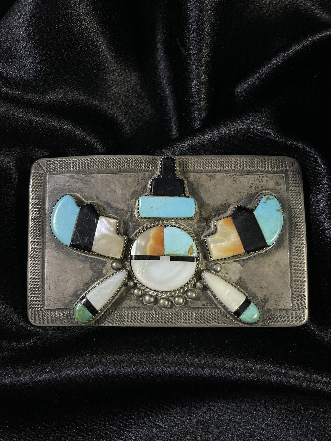 Zuni Sterling Silver Belt Buckle with Onyx, Turquoise, Shell and Mother of Pearl