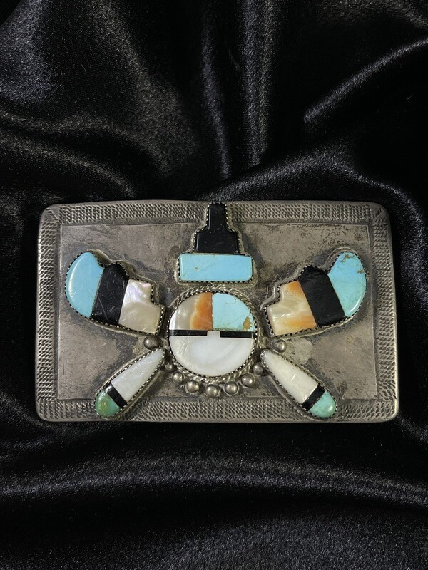 Zuni Sterling Silver Belt Buckle with Onyx, Turquoise, Shell and Mother of Pearl