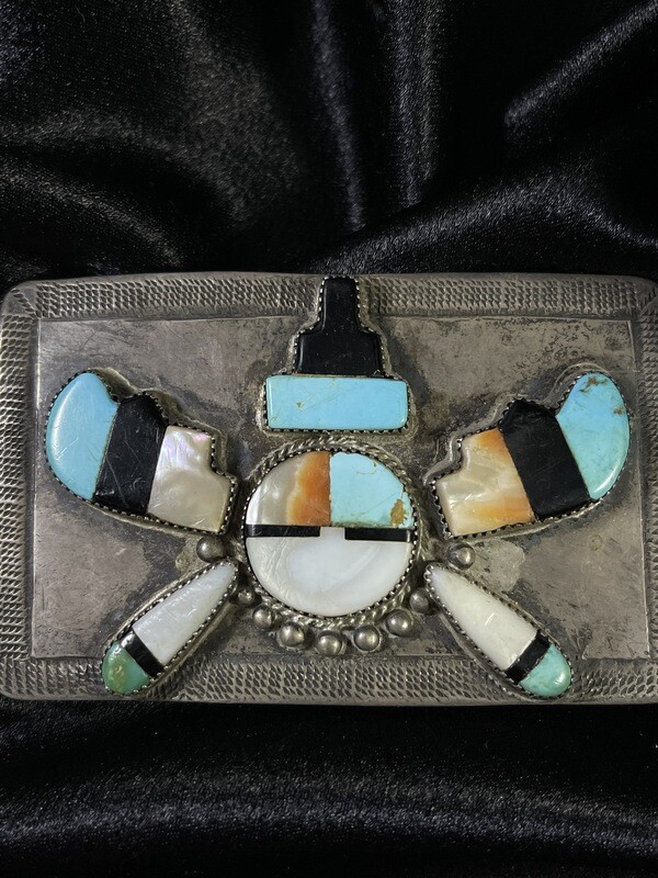 Zuni Sterling Silver Belt Buckle with Onyx, Turquoise, Shell and Mother of Pearl