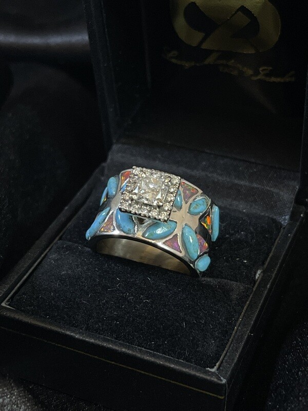 14K White Gold, Turquoise and Opal Inlayed Ring