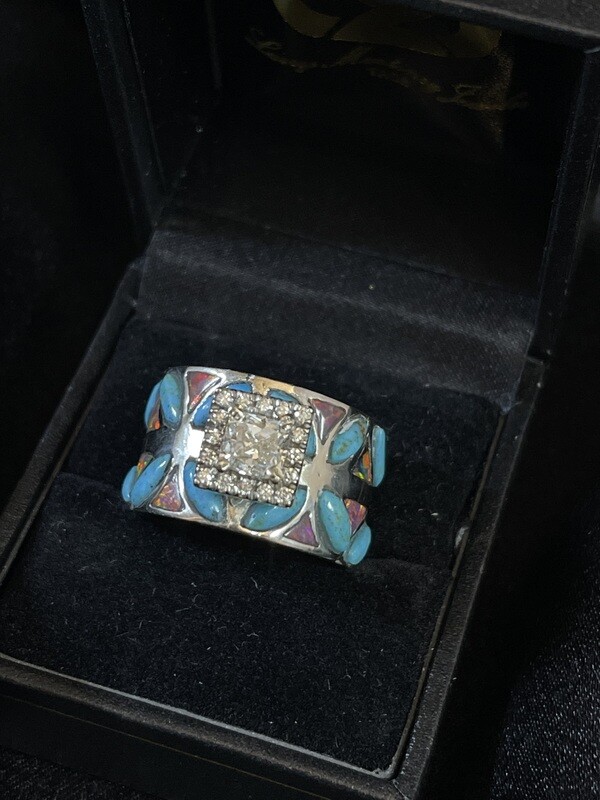 14K White Gold, Turquoise and Opal Inlayed Ring