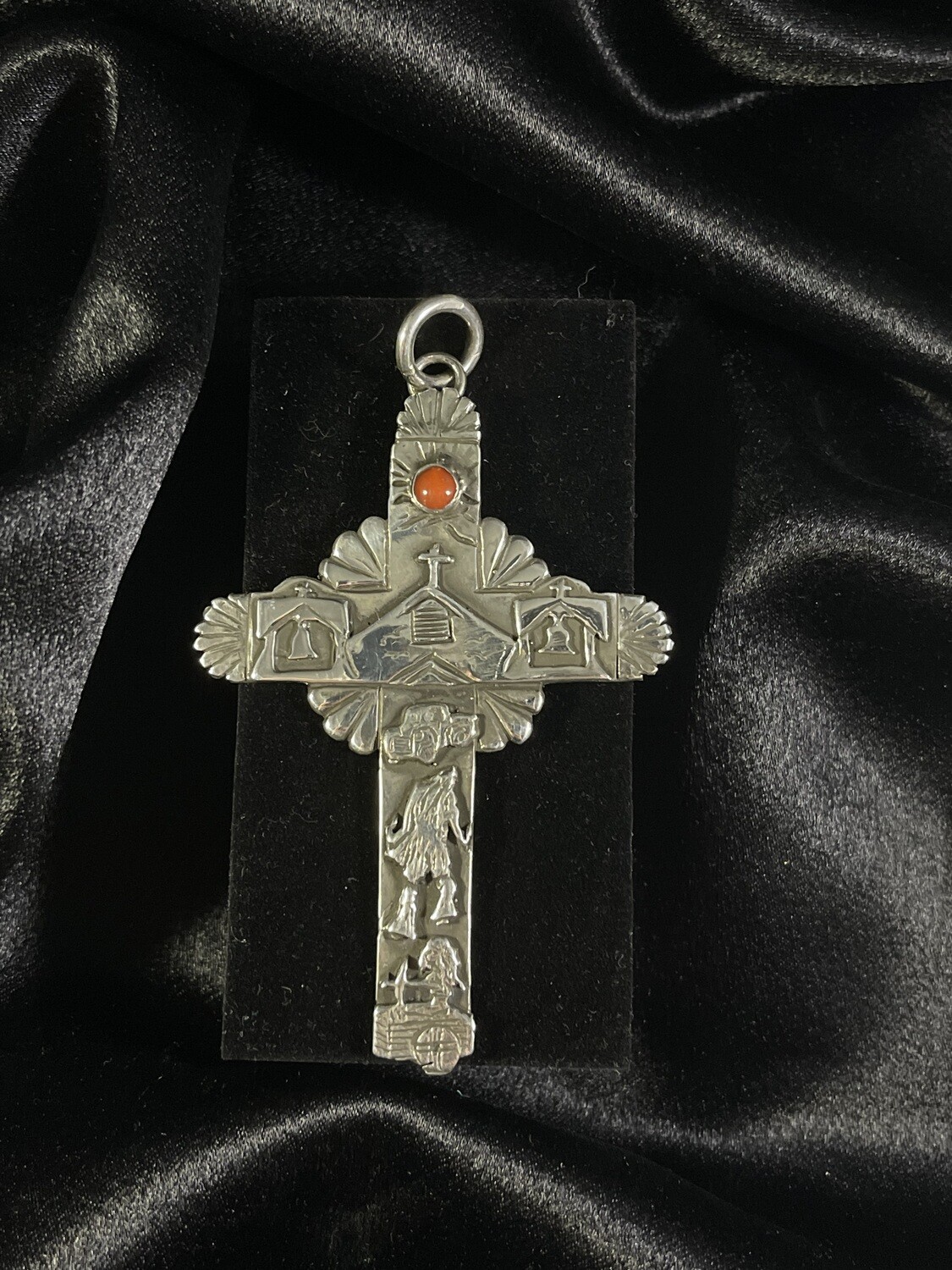 Sterling Silver &quot;Chimayo&quot; Cross with Coral (SO)