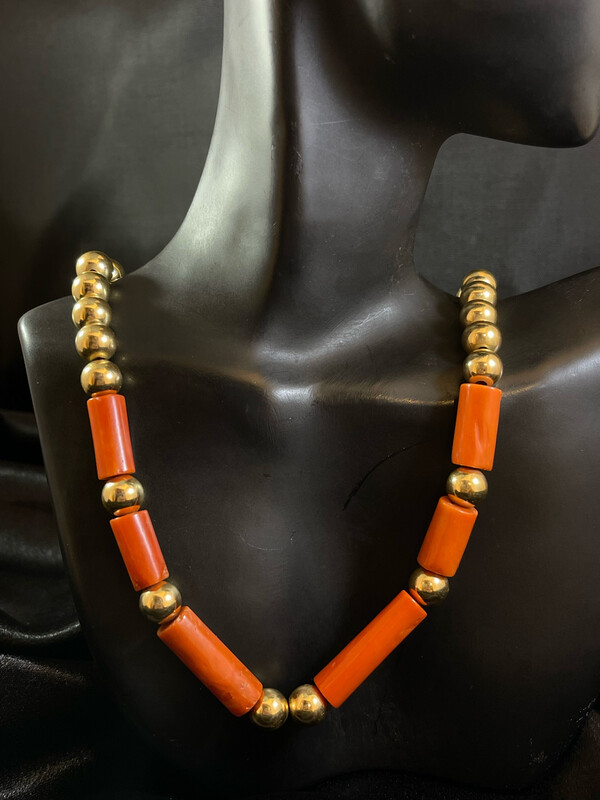 Red Cylindrical Coral and 14K Yellow Gold Necklace