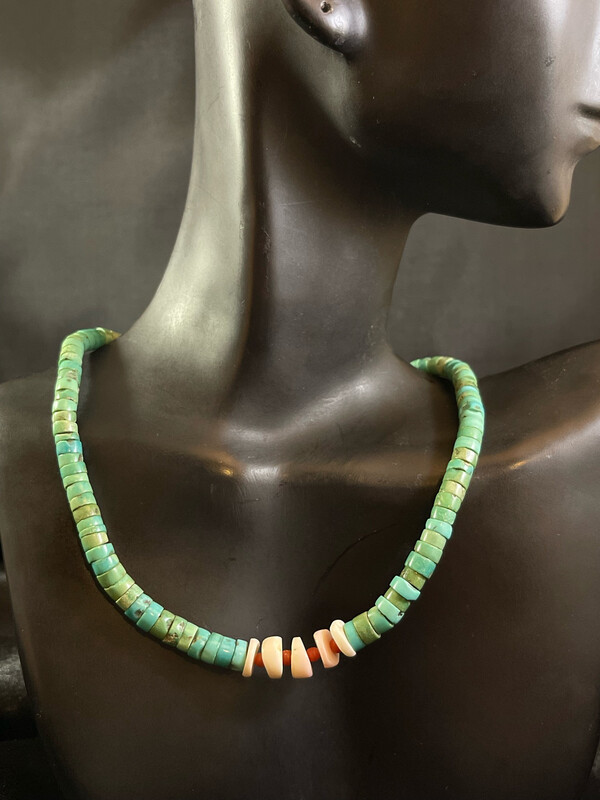 Natural Turquoise Heishi Necklace with Coral Beads