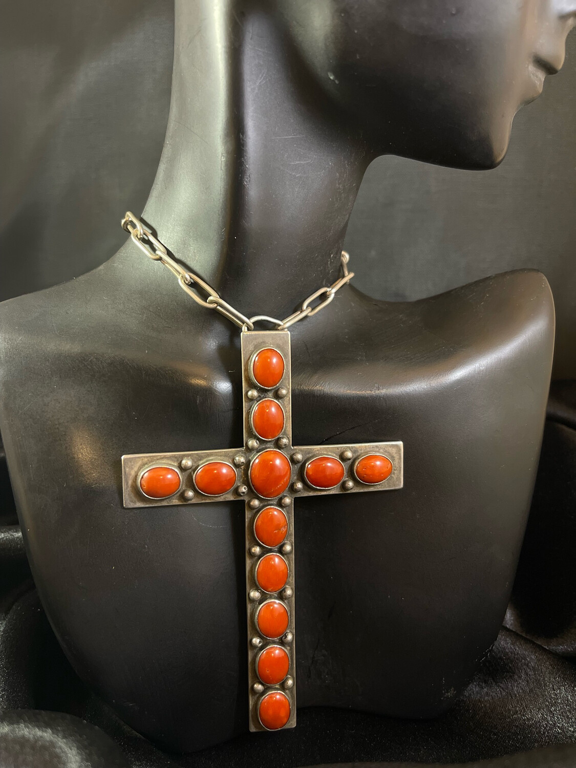Sterling Silver Cross Set with HiGrade Coral Cabochon