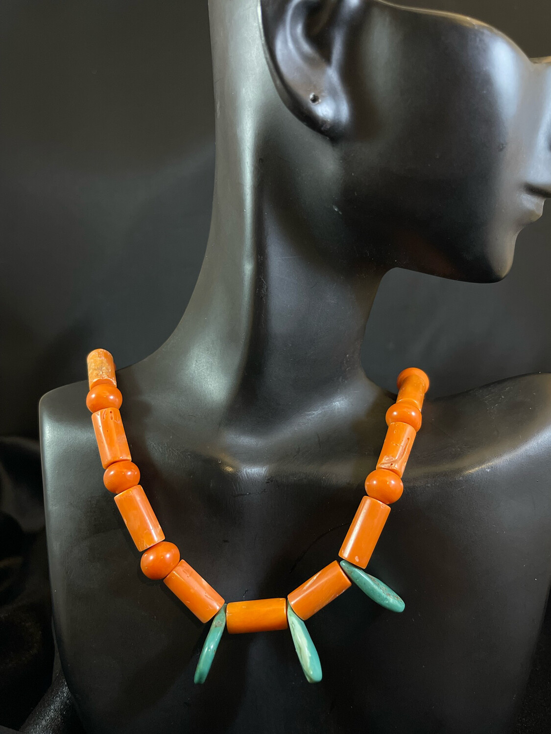 Cylindrical Salmon Corals &amp; Red Coral Beads/ with 3 Turquoise Tabs