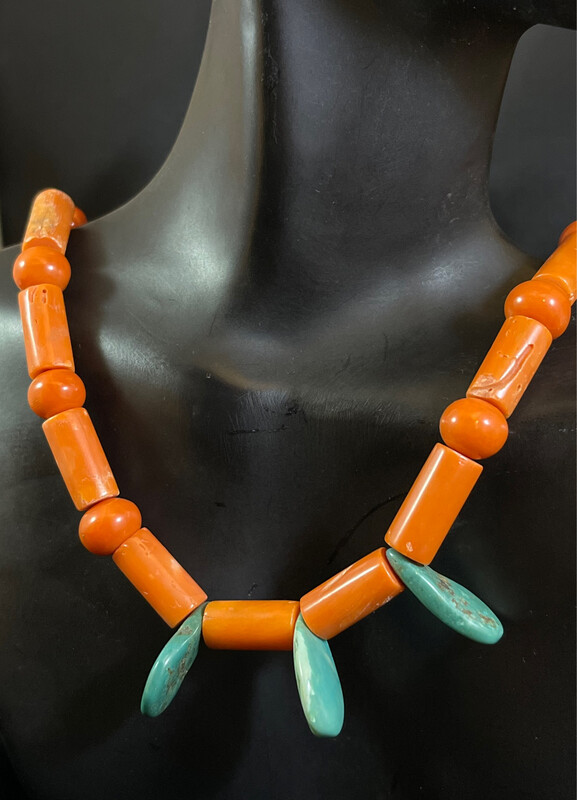 Cylindrical Salmon Corals &amp; Red Coral Beads/ with 3 Turquoise Tabs
