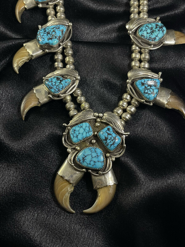 Bear-claw, Sterling Silver And Hi-Grade Turquoise Squash Blossom Necklace Set