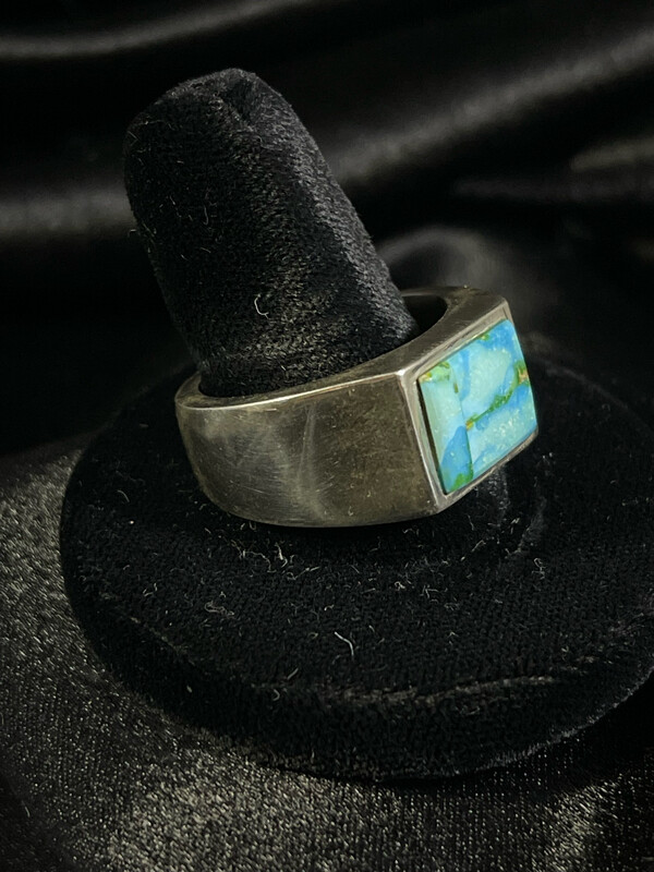 Turquoise and Silver Stamped Ring