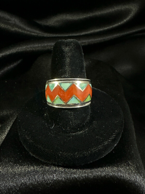 Coral And Turquoise Zigzag Ring