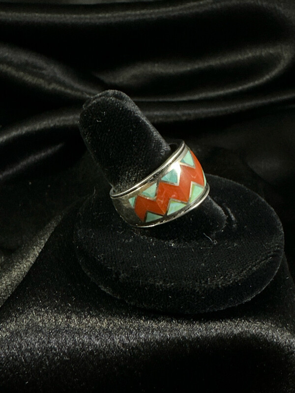 Coral And Turquoise Zigzag Ring