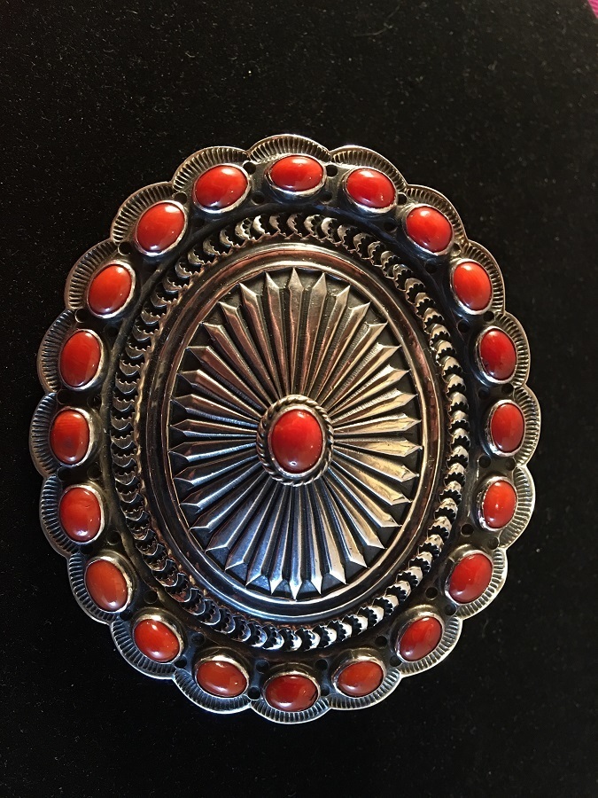 Navajo Sterling Silver &amp; Coral Belt Buckle