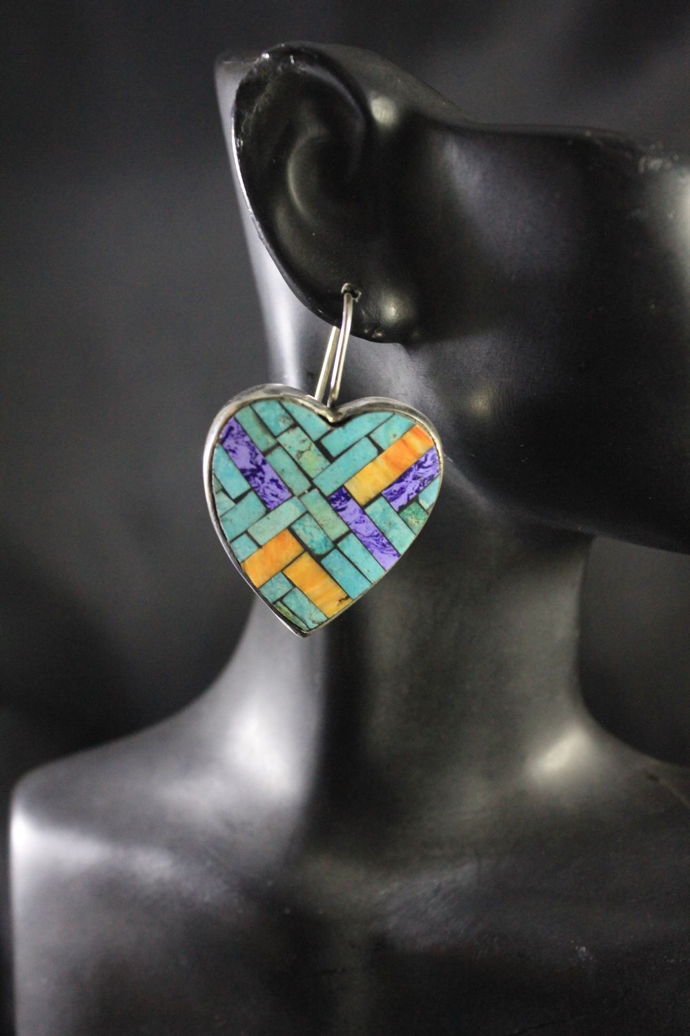 Turquoise, Charoite, and Spiny Oyster Heart-shaped Earrings