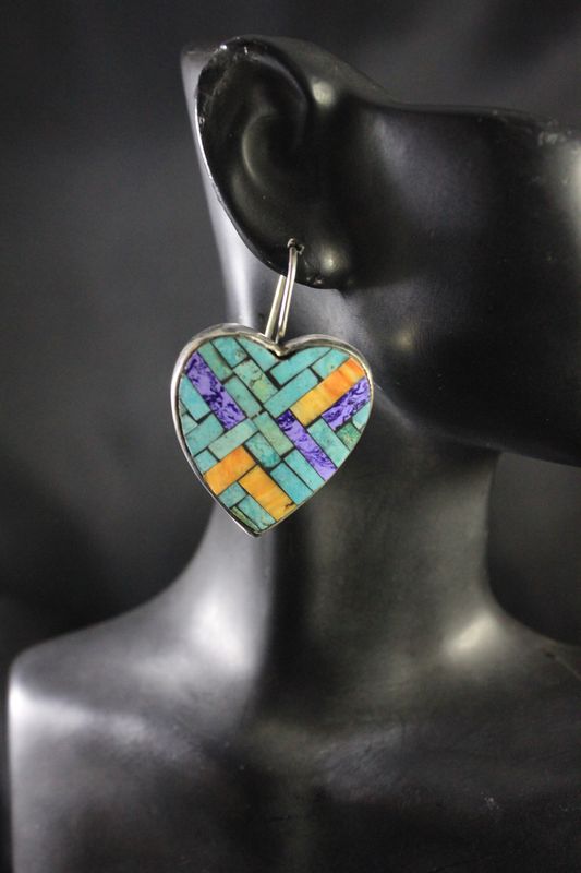 Turquoise, Charoite, and Spiny Oyster Heart-shaped Earrings