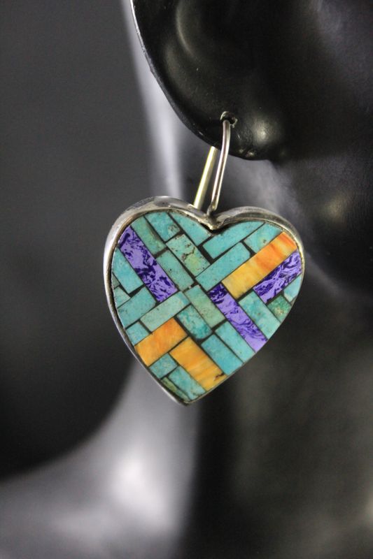 Turquoise, Charoite, and Spiny Oyster Heart-shaped Earrings