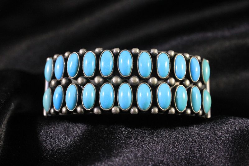 Sterling Silver and Turquoise Cabochon Stamped Bracelet
