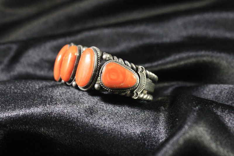 Sterling Silver and Bamboo Coral Cabochon Bracelet