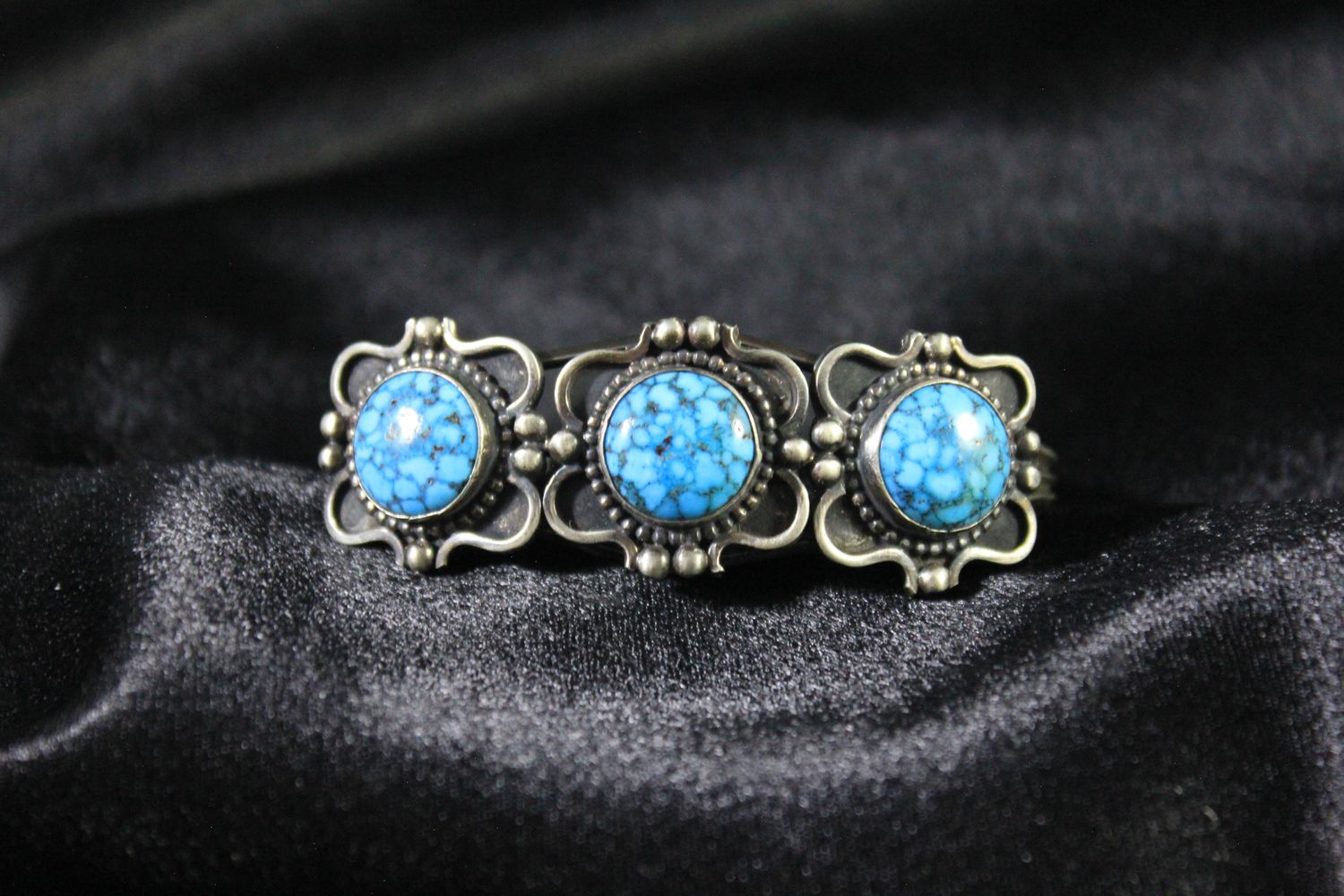 Sterling Silver &amp; Hi-grade Kingman Spiderweb Turquoise Design Bracelet
