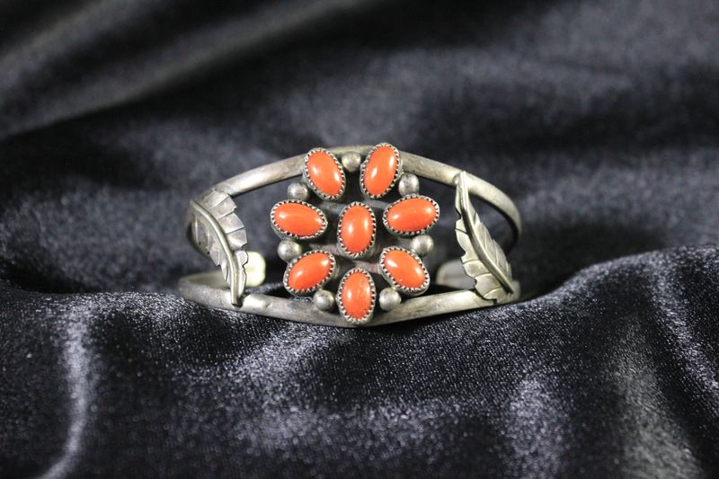 Sterling Silver &amp; Coral Flower-Shaped Bracelet