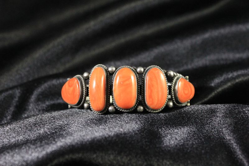 Sterling Silver and Bamboo Coral Cabochon Bracelet