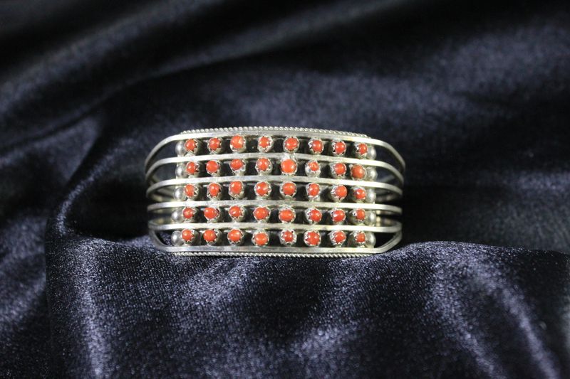 Sterling Silver and Coral Cabochon Bracelet