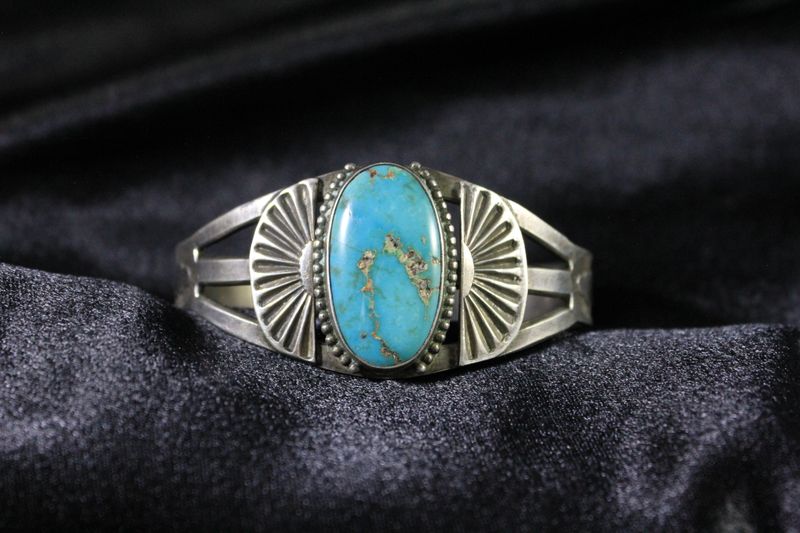 Sterling Silver and Turquoise Intricate Stamped Bracelet