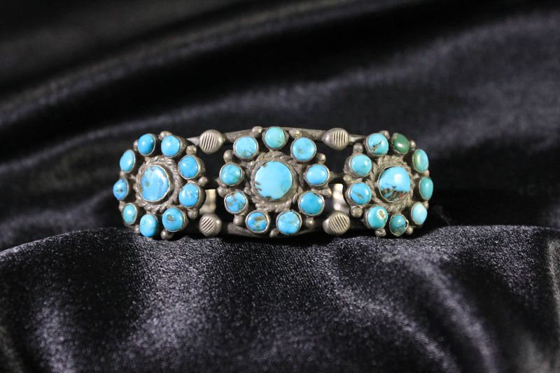 Turquoise &amp; Sterling Silver 3 Flower Cluster Bracelet