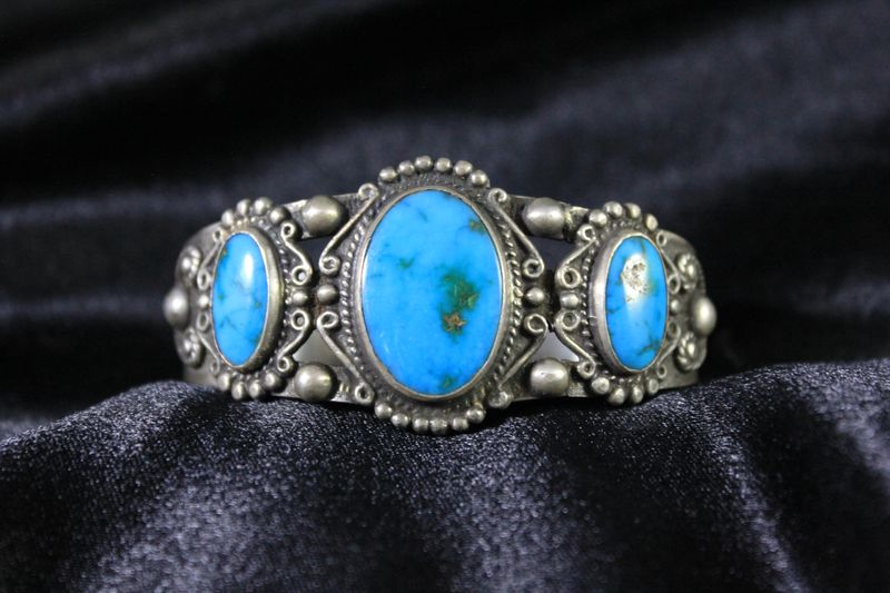 Sterling Silver &amp; Blue Gem Turquoise Bracelet