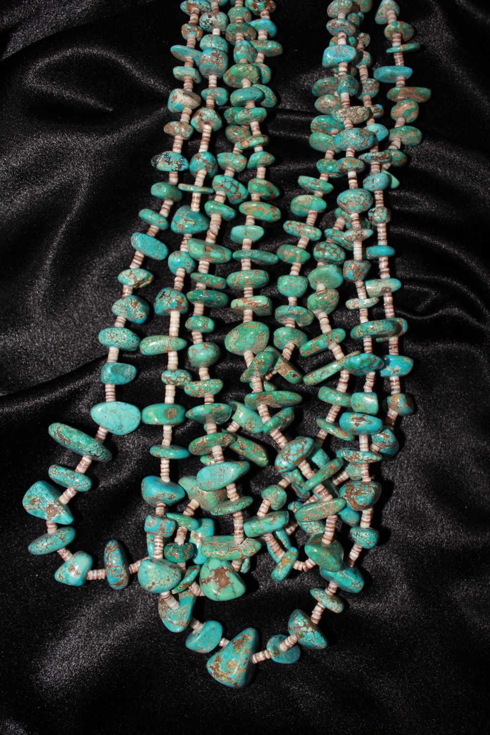 Natural Domestic Spiderweb Turquoise &amp; Cowrie Shell Heishi Beaded Necklace