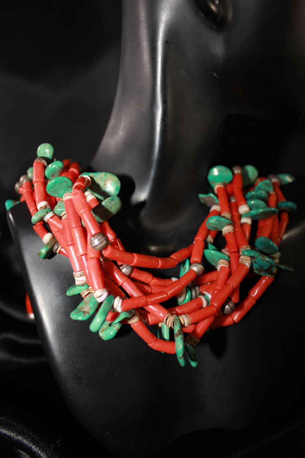 Sterling Silver, Coral, Cowrie Shell Heishi, and Turquoise Beaded Necklace