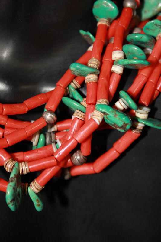 Sterling Silver, Coral, Cowrie Shell Heishi, and Turquoise Beaded Necklace