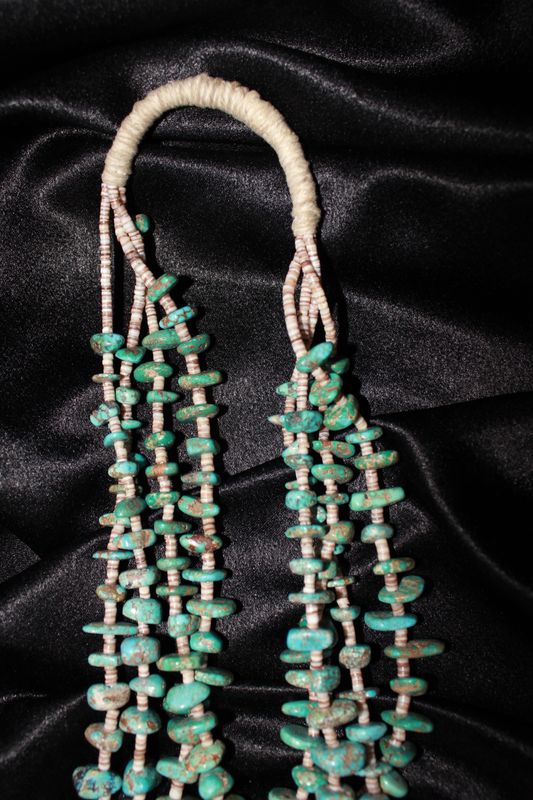 Natural Domestic Spiderweb Turquoise &amp; Cowrie Shell Heishi Beaded Necklace