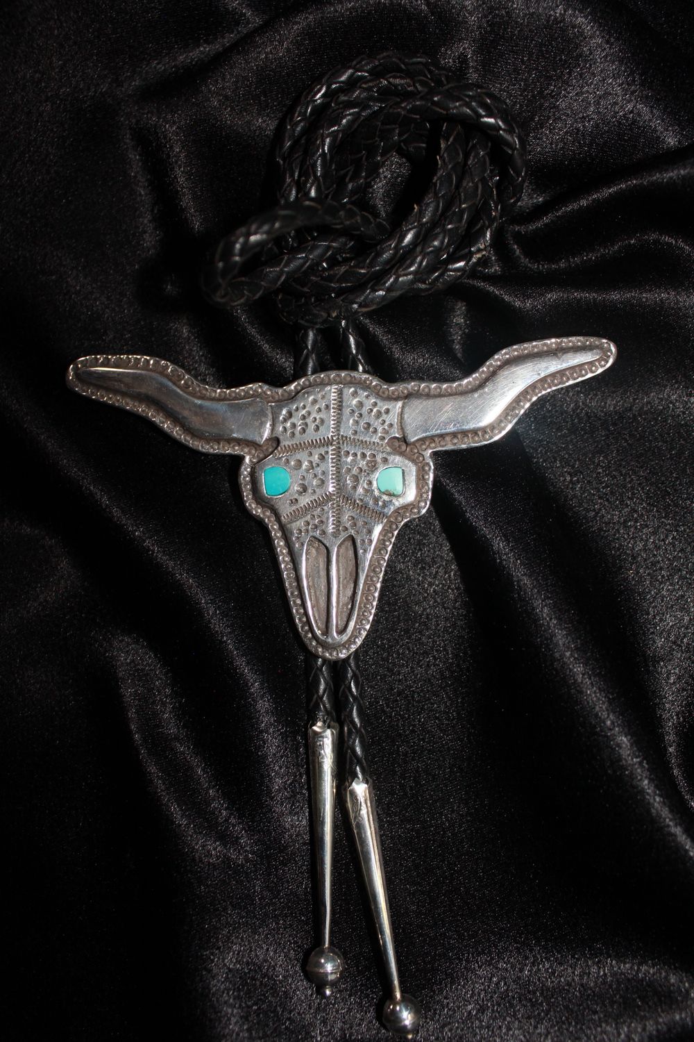 Sterling Silver &amp; Turquoise Cow Skull Bolo Tie