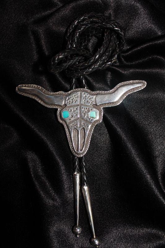 Sterling Silver &amp; Turquoise Cow Skull Bolo Tie