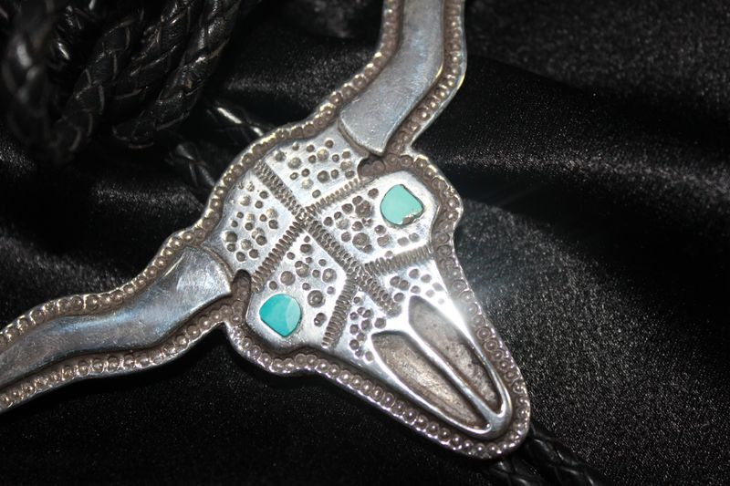 Sterling Silver &amp; Turquoise Cow Skull Bolo Tie