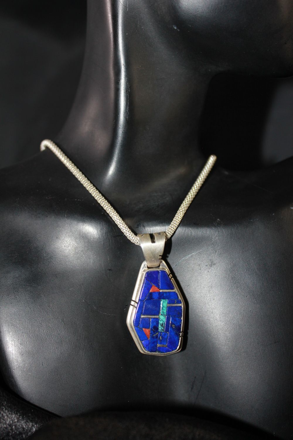 Double Sided Sterling Silver and Multi Stone Inlay Necklace