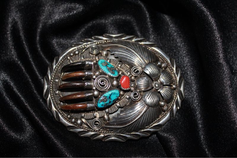 Sterling Silver, Bear Claw, Turquoise and Coral Belt Buckle
