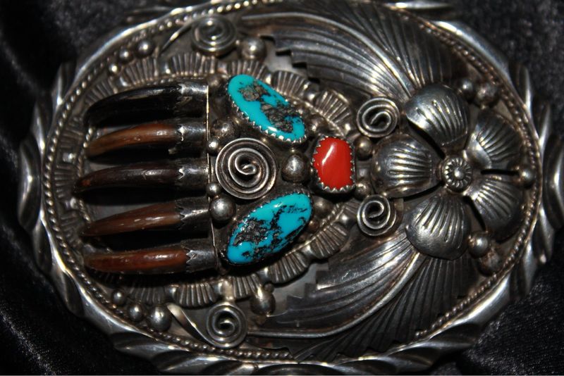 Sterling Silver, Bear Claw, Turquoise and Coral Belt Buckle