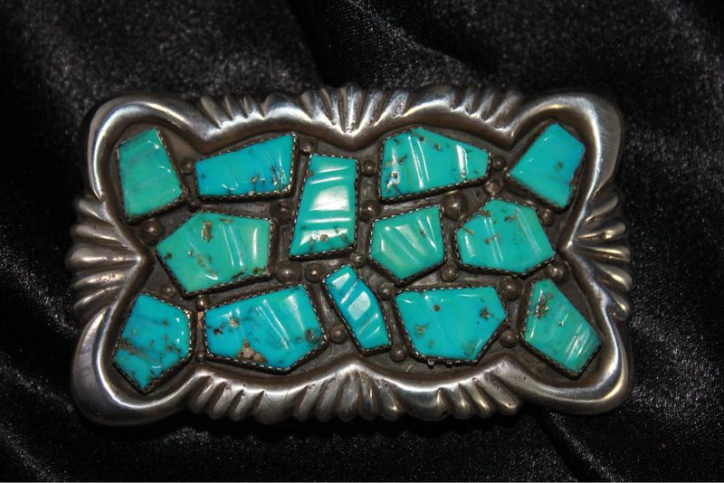 Stamped Sterling Silver and Turquoise Belt Buckle