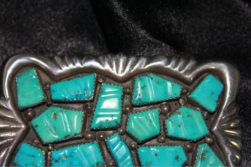Stamped Sterling Silver and Turquoise Belt Buckle