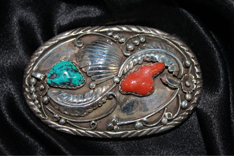 Sterling Silver, Coral and Turquoise Belt Buckle