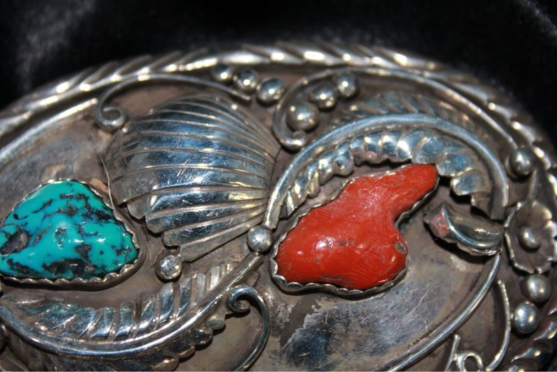 Sterling Silver, Coral and Turquoise Belt Buckle