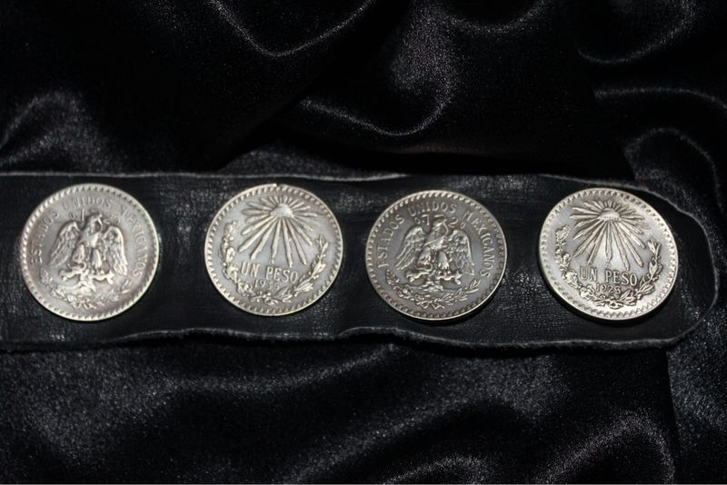 Mexican Cap &amp; Ray Silver Peso Leather Belt